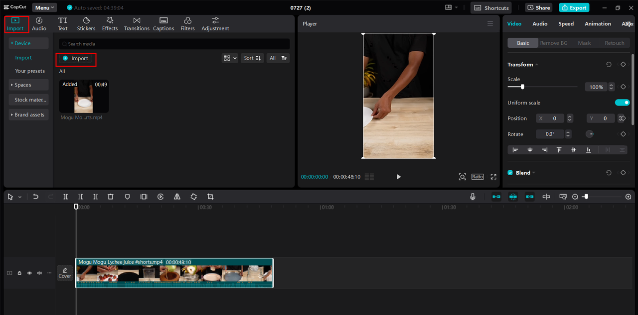 CapCut import video feature - drag and drop videos to the timeline