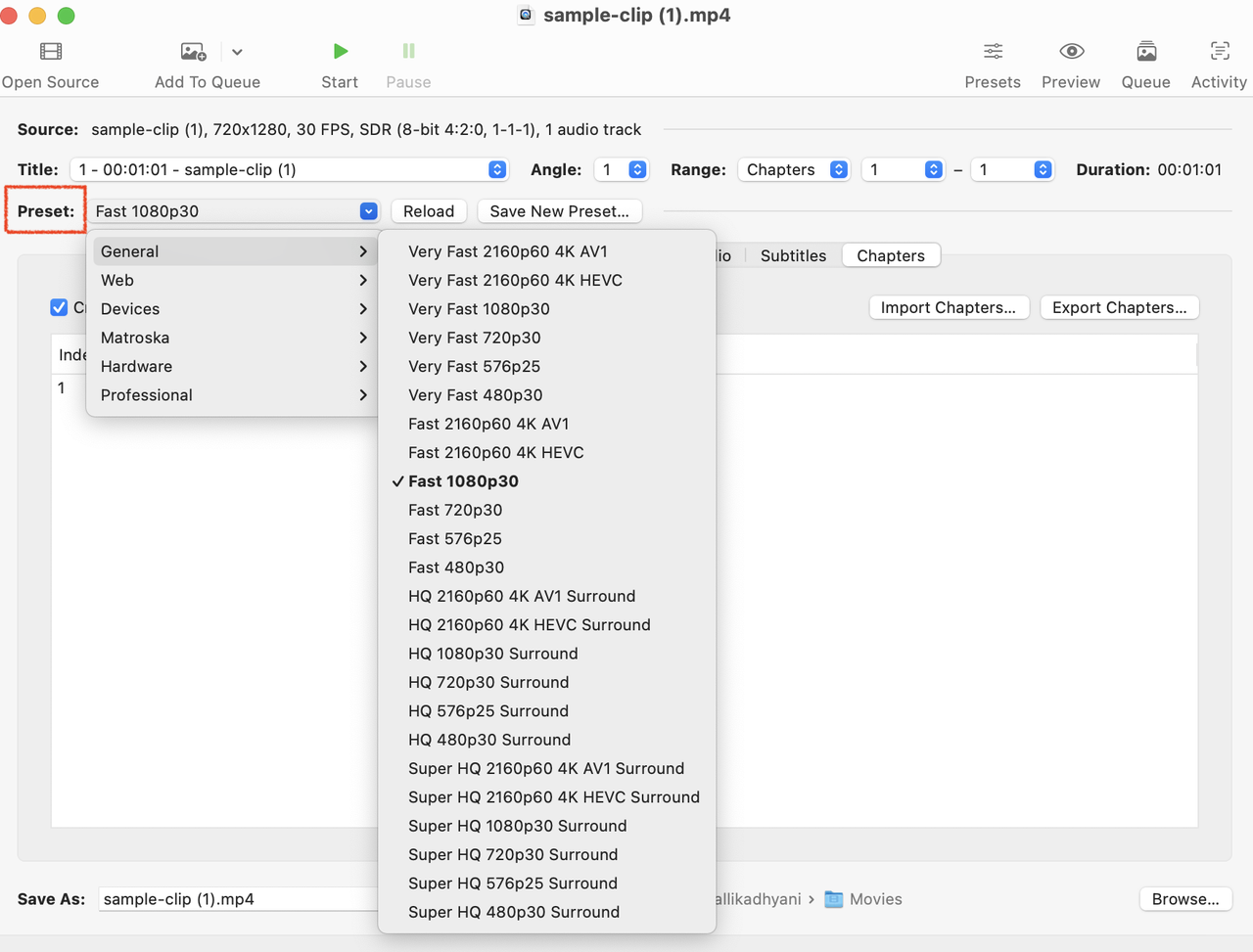 HandBrake choose file format