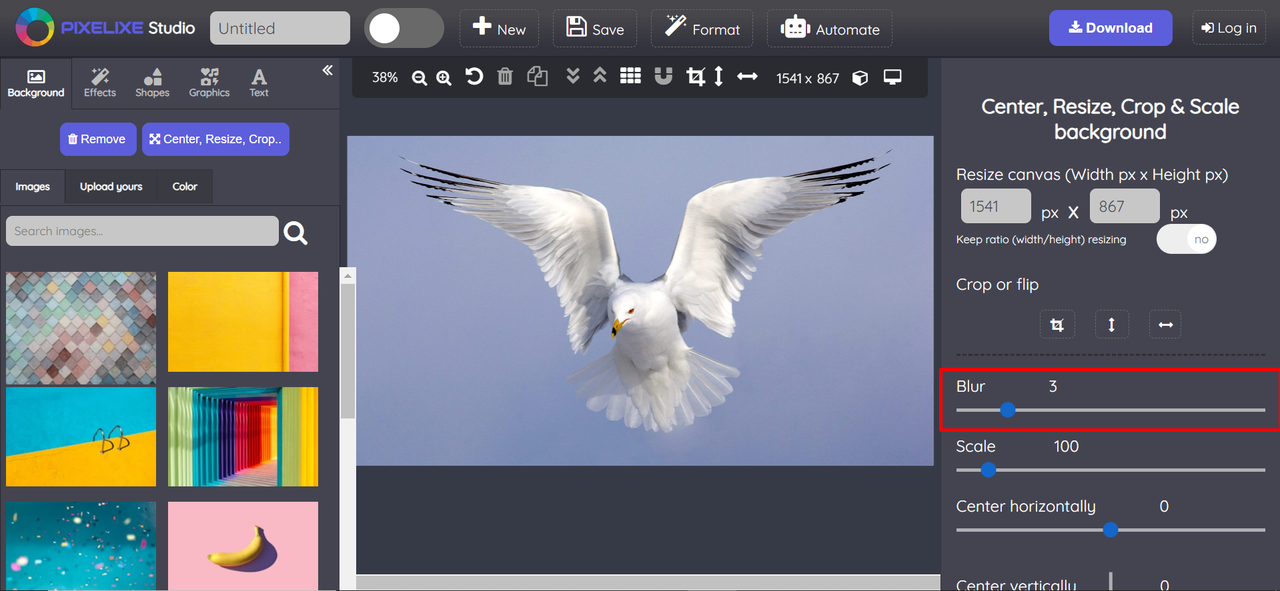 Interface of Pixelixe - a robust tool to blur photos online