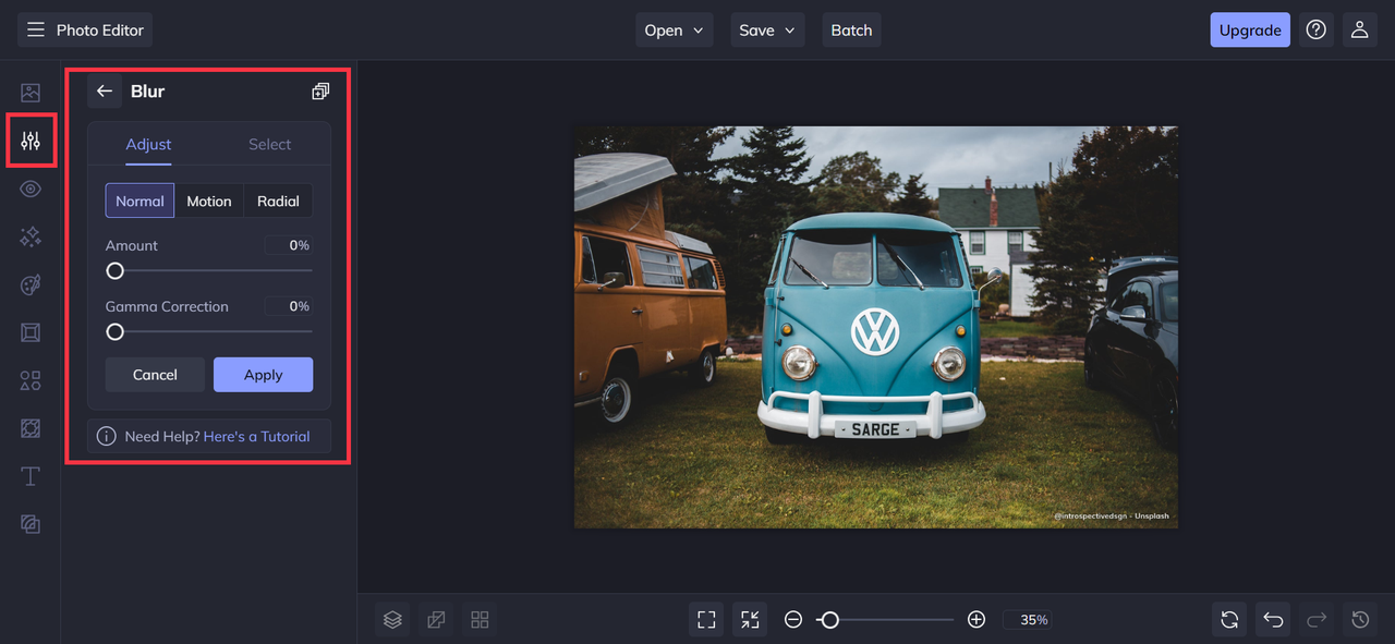 Interface of BeFunky- an excellent tool to blur photos online