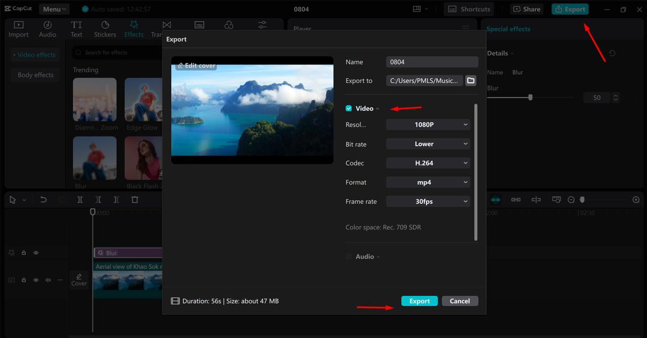 Exporting video from the CapCut desktop video editor