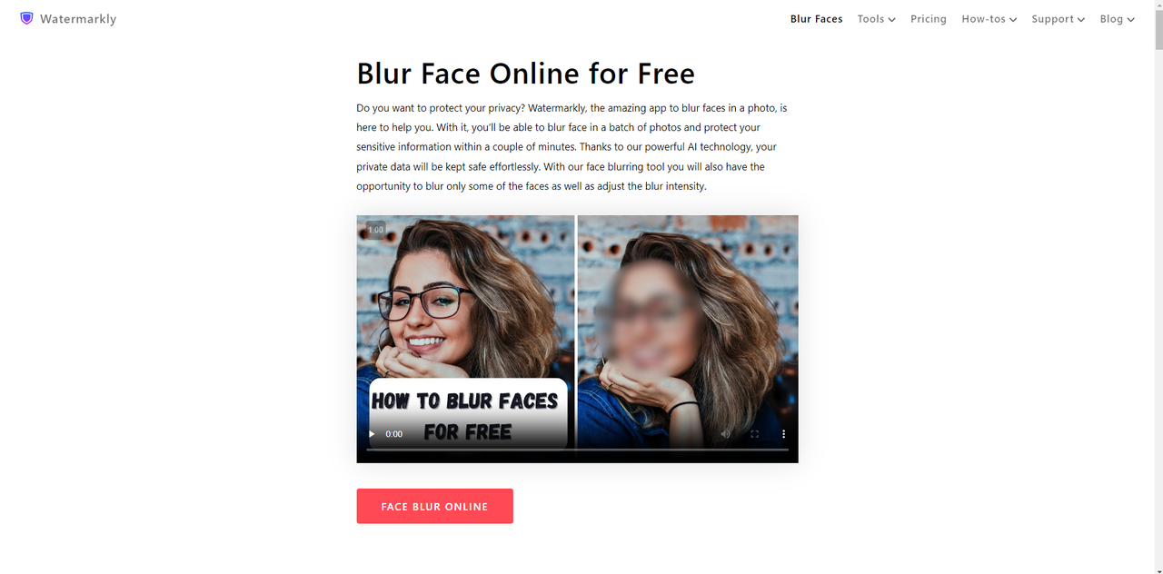 Interface of Watermarkly - the perfect website to blur faces online