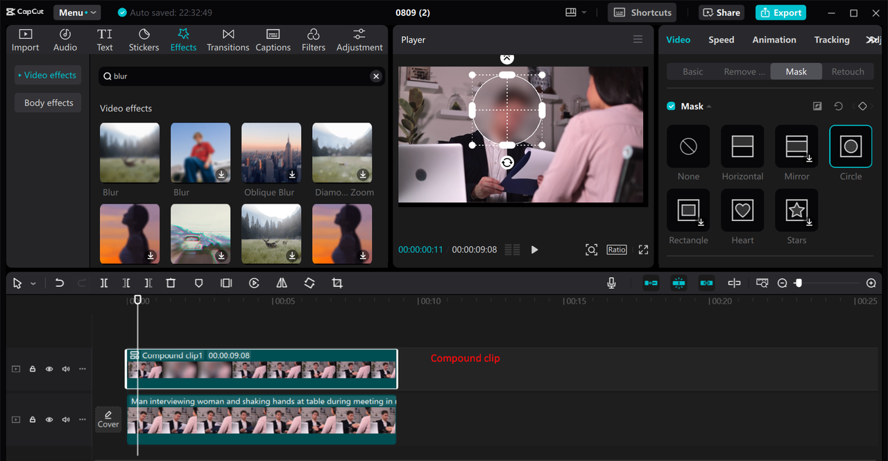 Applying a blur effect to a face in a video with CapCut desktop video editor