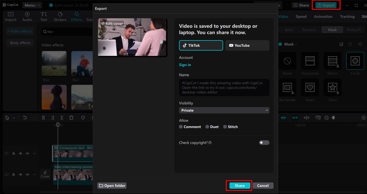 Exporting video from the CapCut desktop video editor