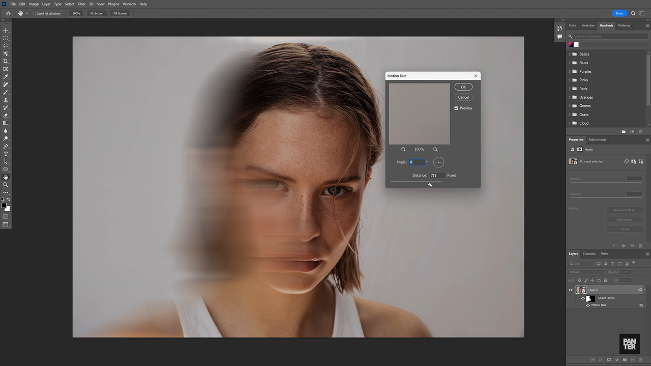 Interface showing how to blur a photo in Photoshop using the directional tool 