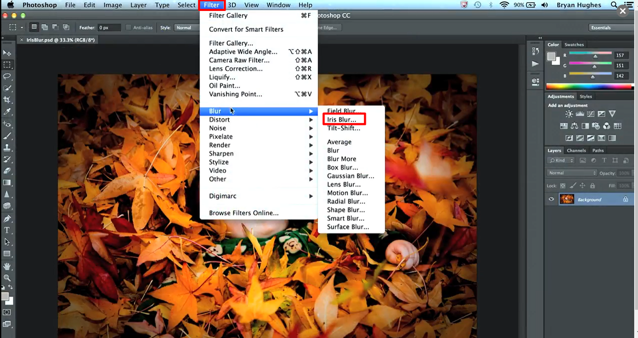 Interface showing how to blur an image in Photoshop while keeping focal point unblured