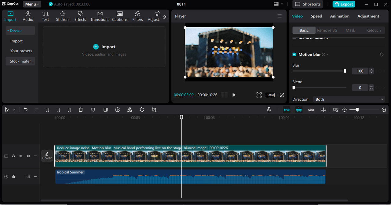 Editing interface of the CapCut desktop video editor - a perfect tool to apply motion blur