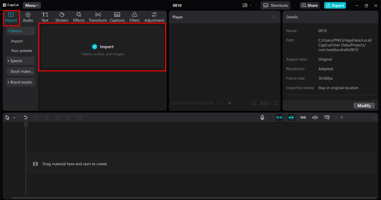 Importing video from the device to the CapCut desktop video editor