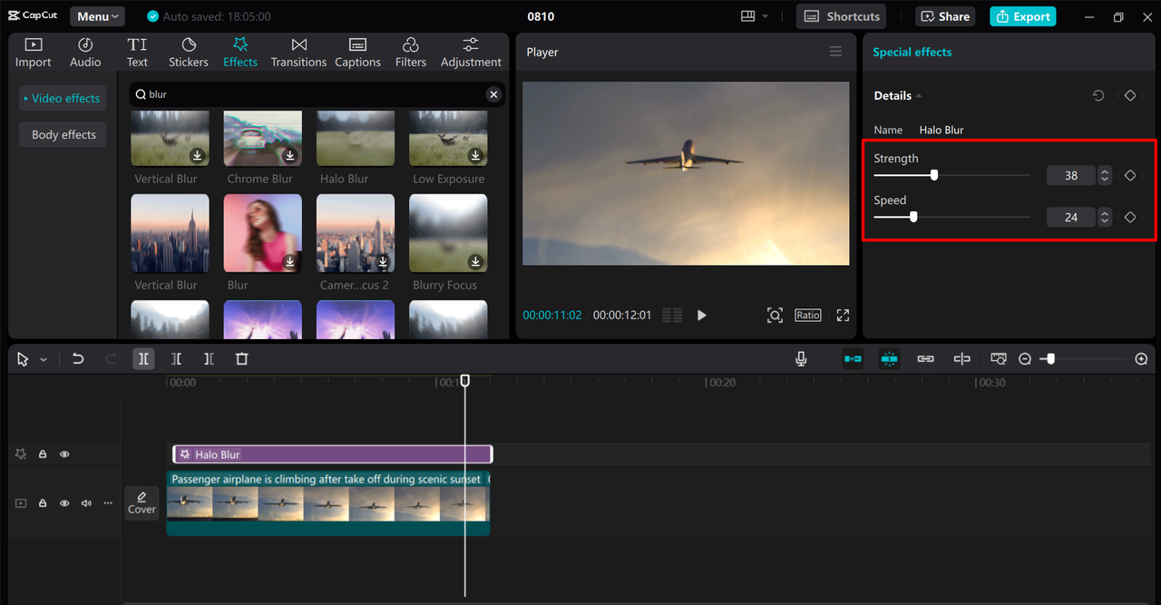 Applying and customizing blur effect in CapCut desktop video editor