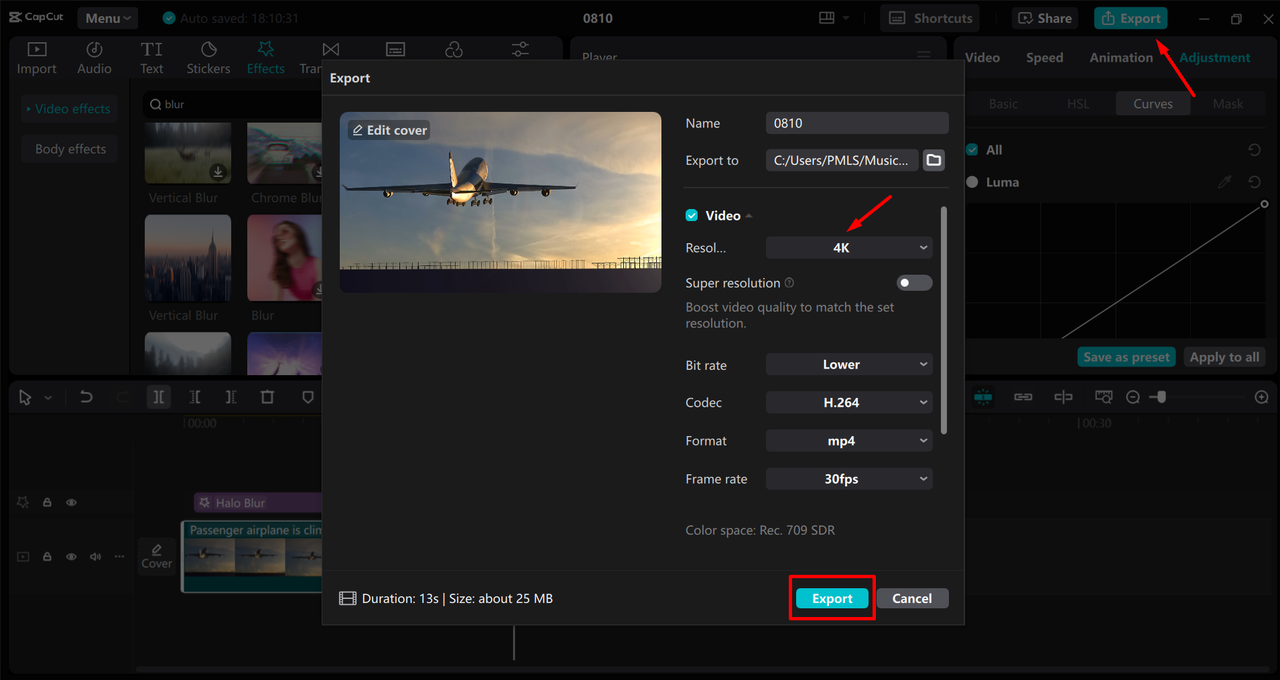 Exporting video from the CapCut desktop video editor
