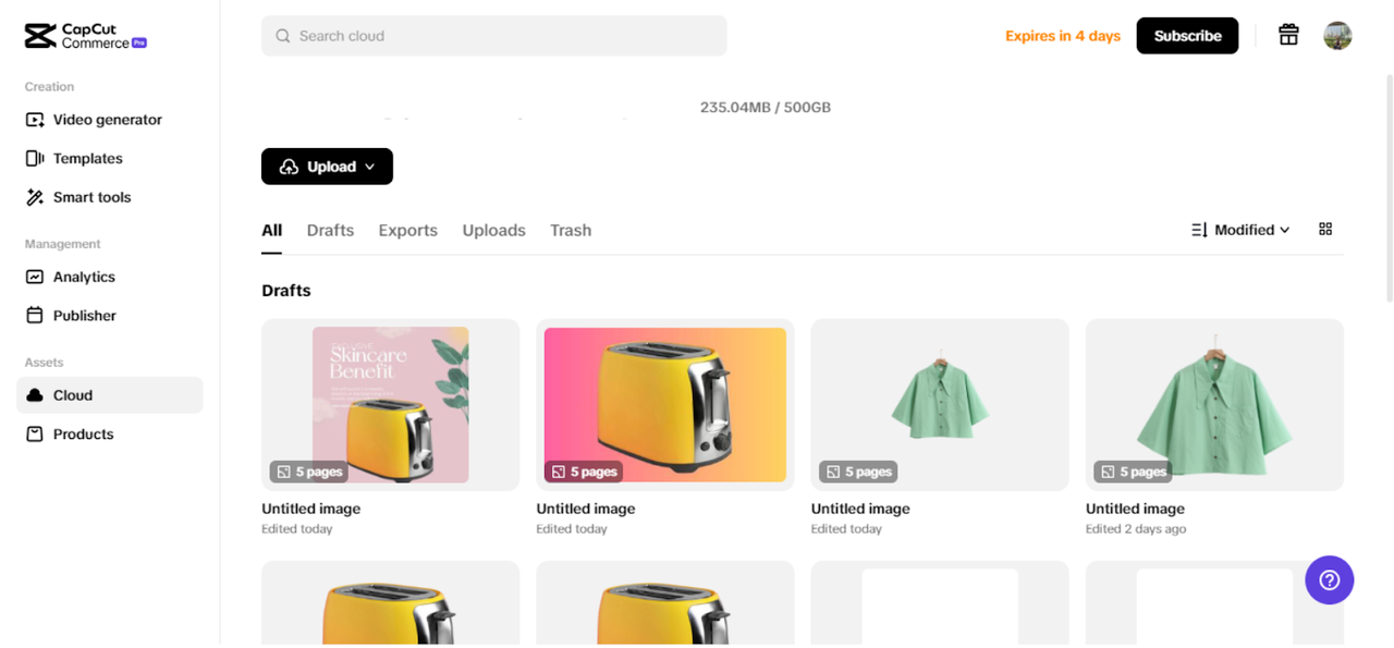 Free cloud space at Pippit