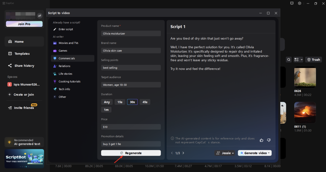 Generating script in the CapCut desktop video editor 