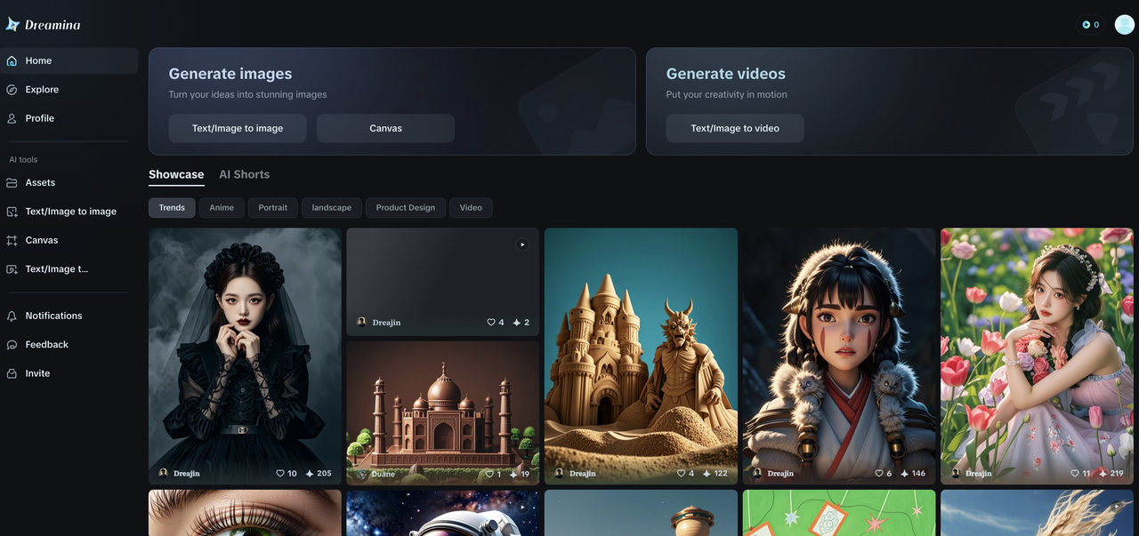 Dreamina function homepage