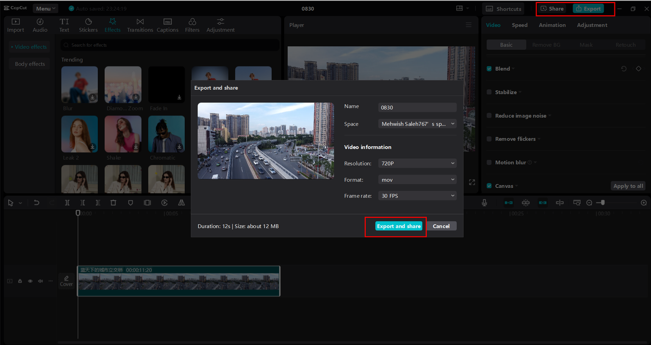 Exporting or sharing the mirrored video with the CapCut desktop video editor