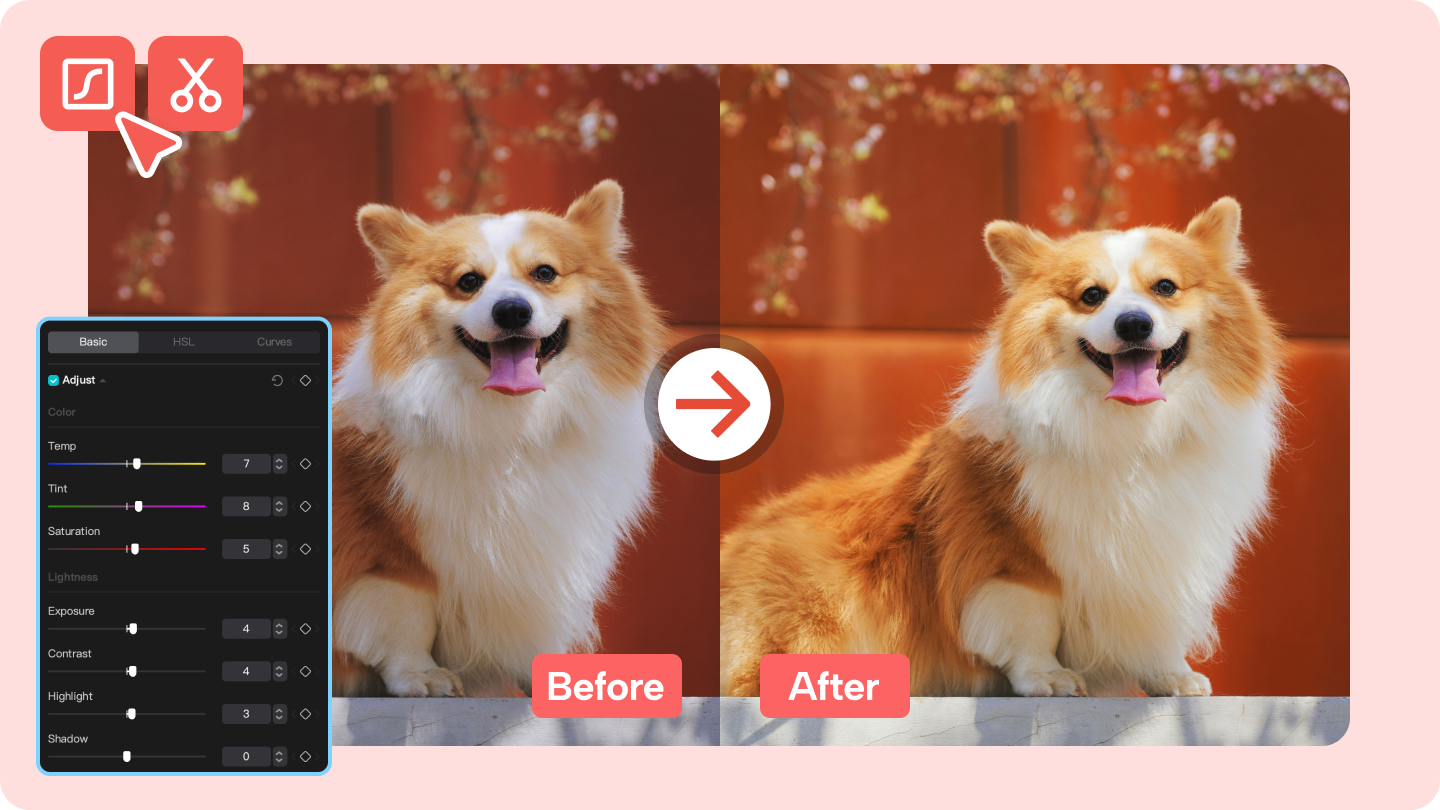 An example of the Color Match feature, where the color palette from a cinematic reference image is applied to a different video clip, achieving a consistent style.