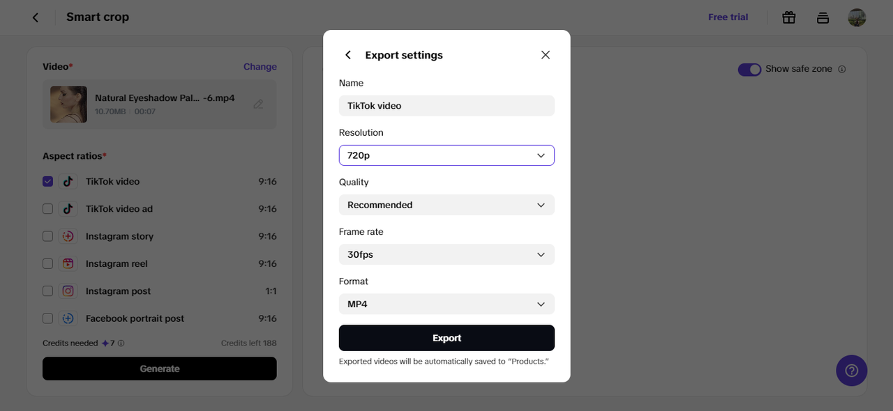 Adjust video quality on resolution on Pippit