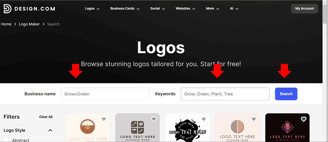 Enter your business name, keywords, and search