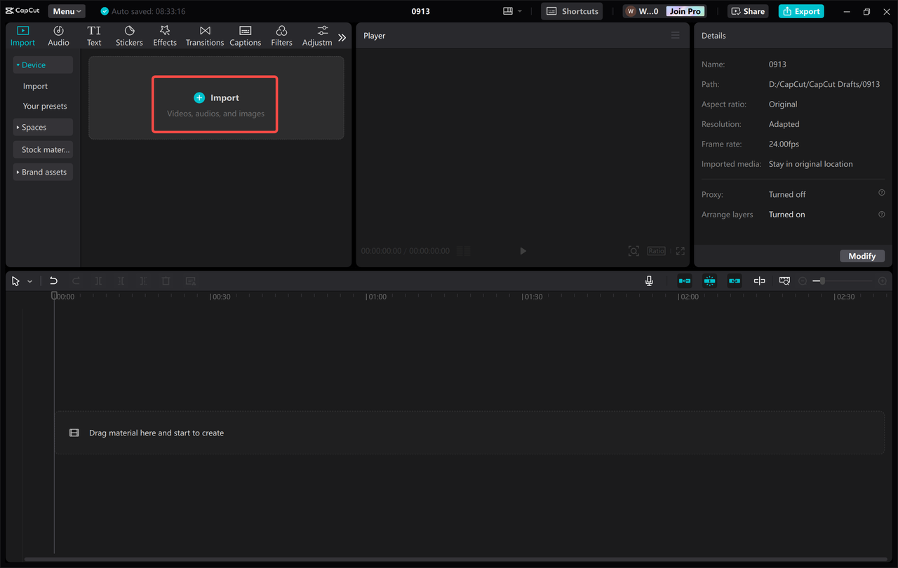 Importing the video into the CapCut desktop video editor