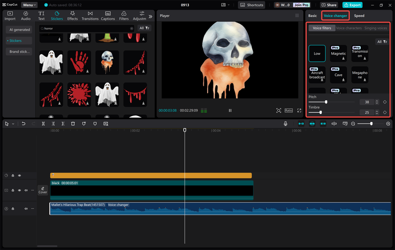 Applying the Ghostface voice effect in the CapCut desktop video editor 