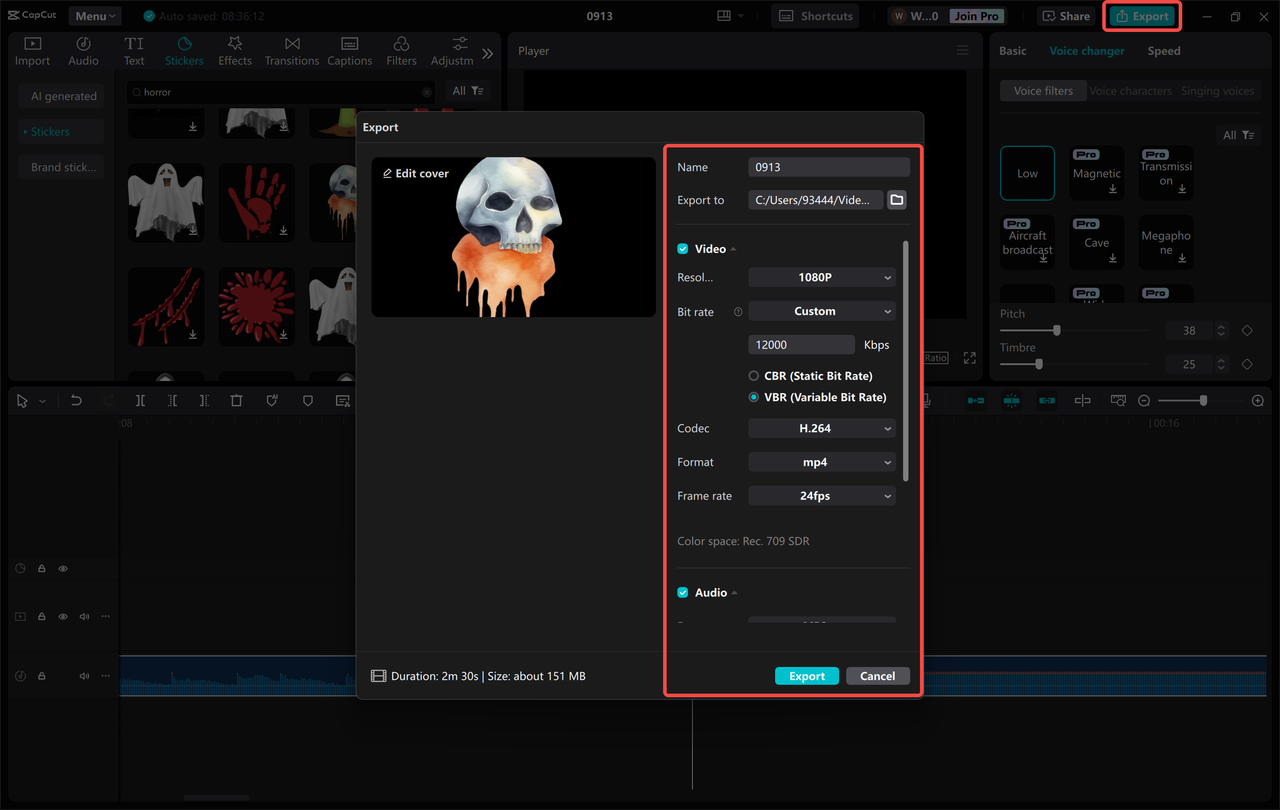 Exporting or sharing the video from the CapCut desktop video editor