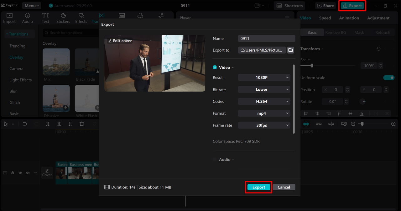 Exporting the montage video from the CapCut desktop video editor