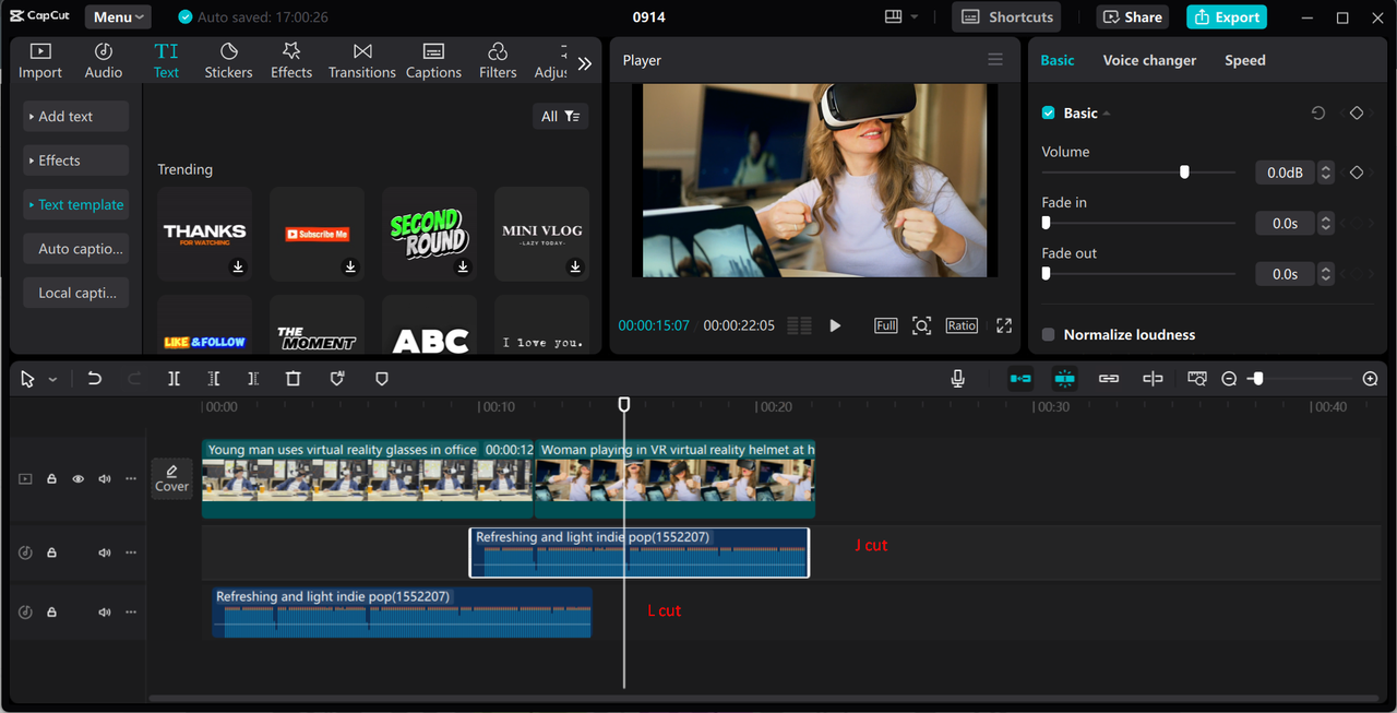 Editing interface of the CapCut desktop video editor - a perfect tool to integrate J cut and L cut into videos