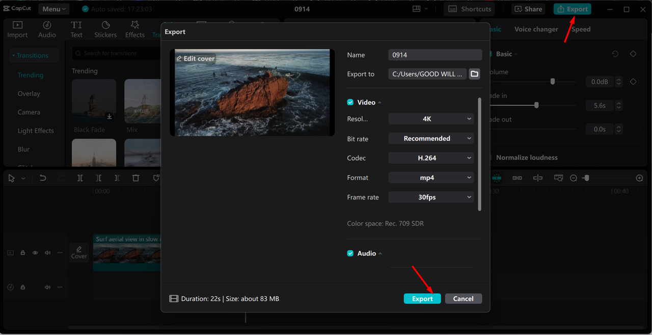 Exporting a video from the CapCut desktop video editor