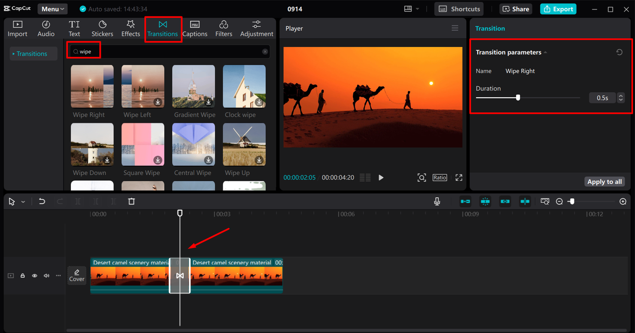 Adding and customizing wipe transitions in the CapCut desktop video editor