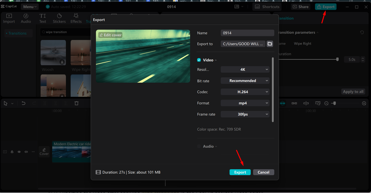 Exporting the video after applying wipe transitions in the CapCut desktop video editor