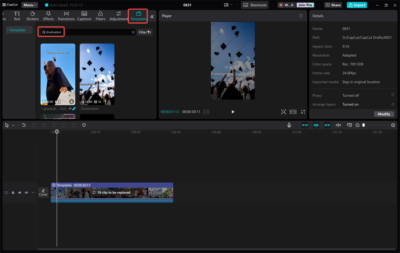 Exploring the graduation templates in the CapCut desktop video editor