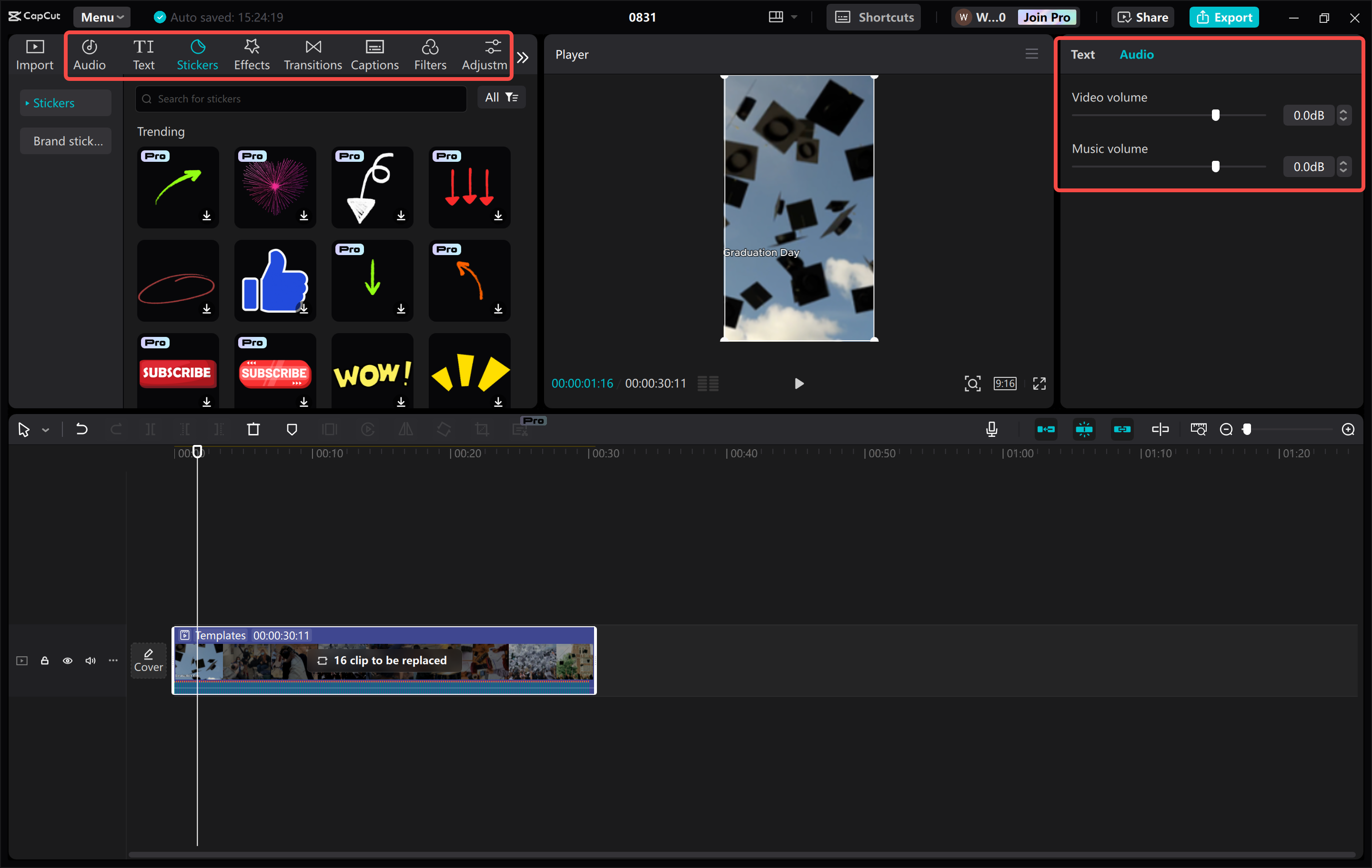 Customizing the grad video templates in the CapCut desktop video editor