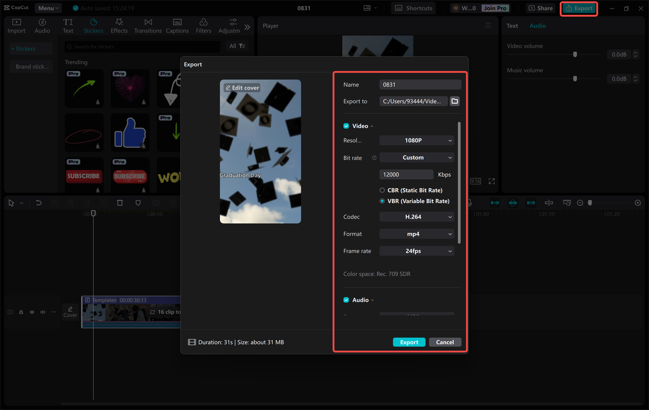 Exporting the graduation video from the CapCut desktop video editor