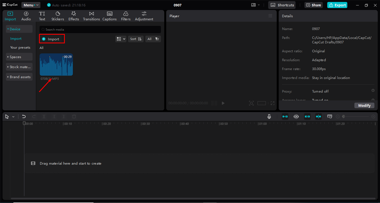 Uploading audio for changing the accent in the CapCut desktop video editor 