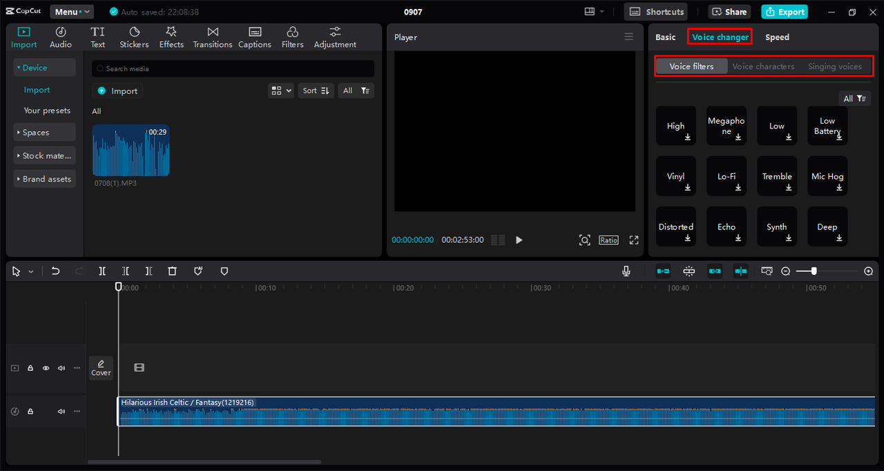 Using the voice changer feature to change the accent in the CapCut desktop video editor 
