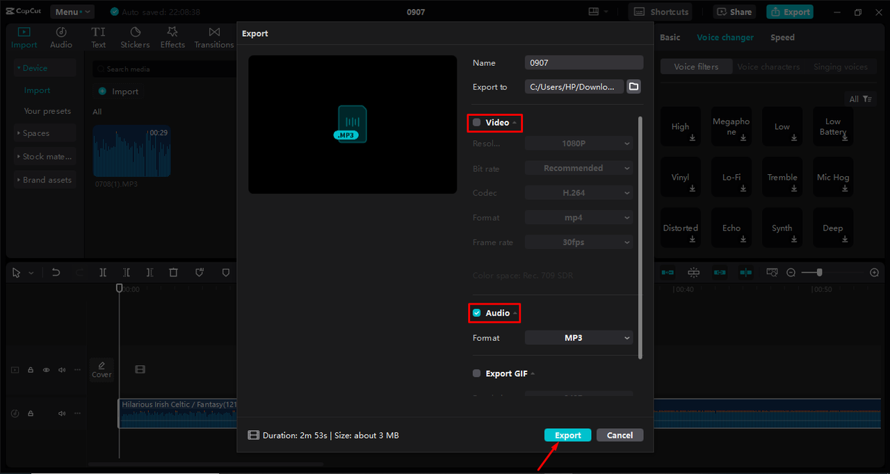 Exporting the audio after changing its accent in the CapCut desktop video editor 
