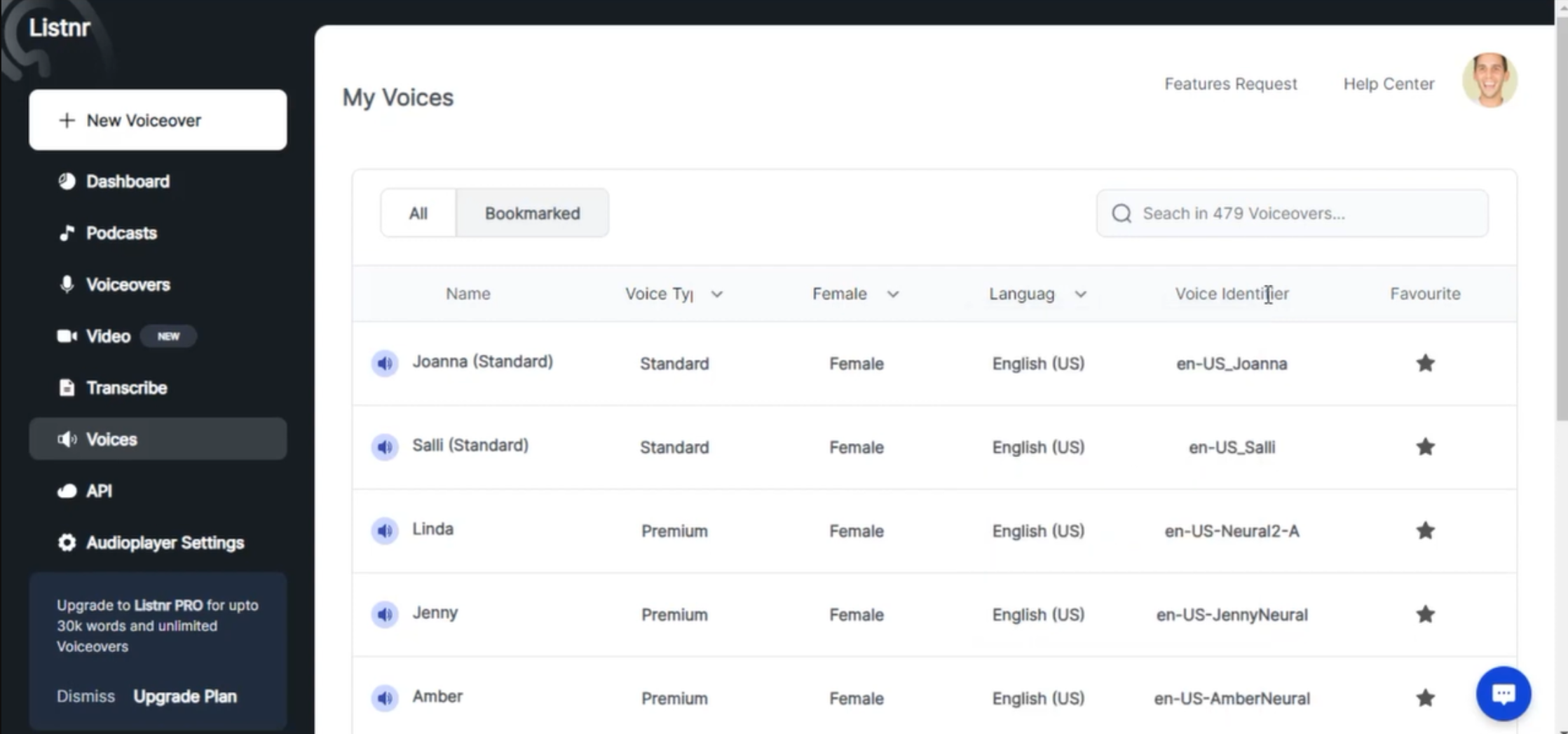 Interface of Listnr - the ideal tool to change the accent and produce engaging audio