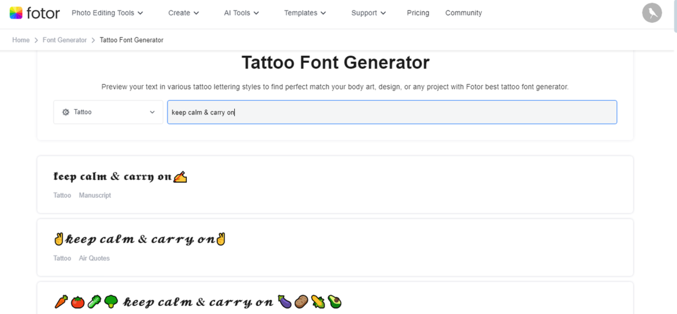 Fotor's tattoo font generator