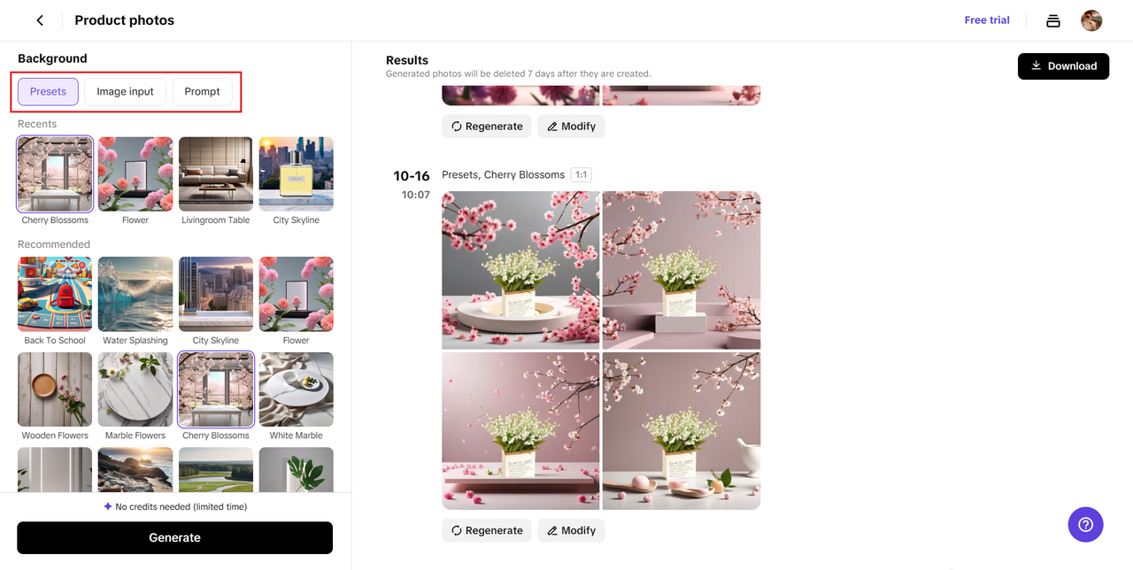 Piliin ang background mula sa presets o prompt
