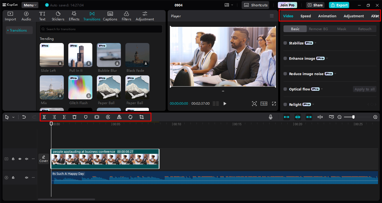Enhancing the video using various tools in the CapCut desktop video editor