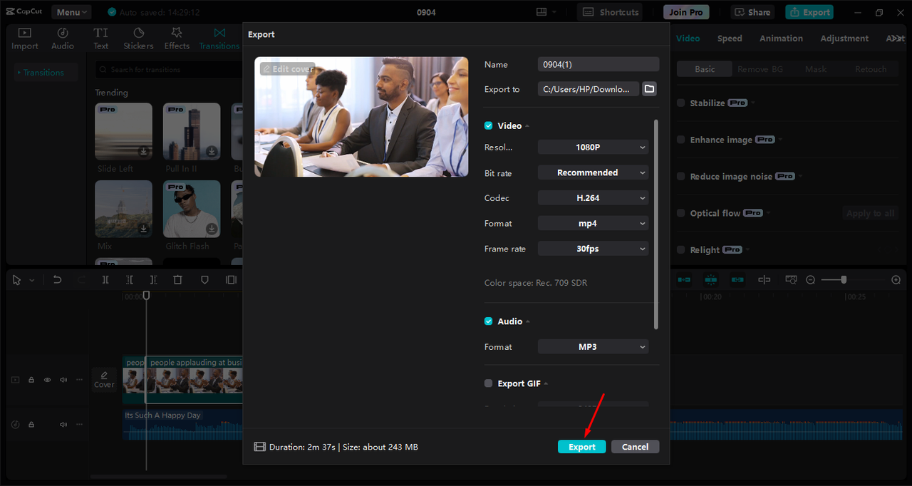 Exporting the video in the CapCut desktop video editor