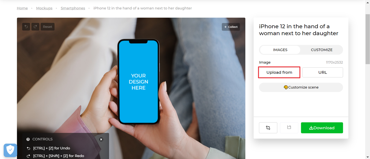 Click "Upload from" to create free mockups