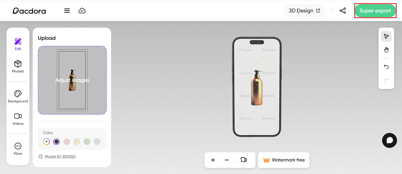 Click "Super export" to save your 3D mockup design