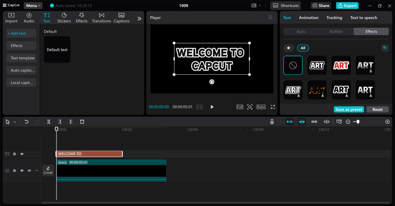 Interface of the CapCut desktop video editor - the best tool to create outlined texts