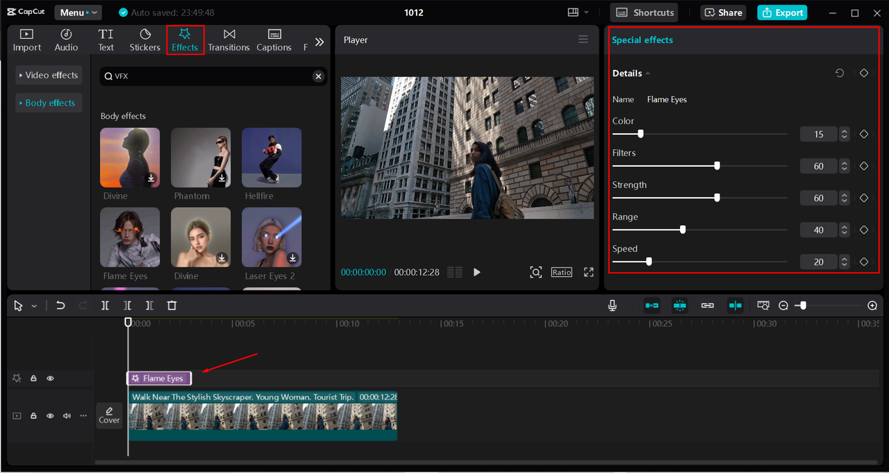 Adding and modifying the VFX effects to a video in the CapCut desktop video editor