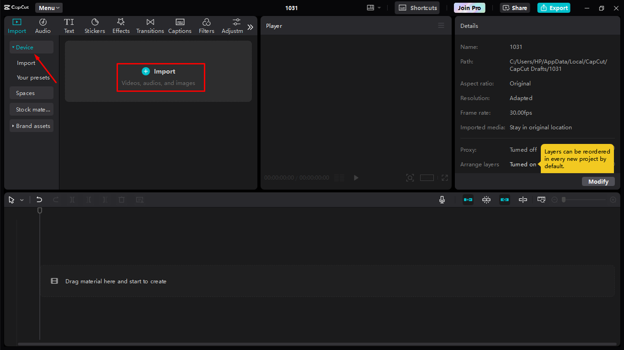 Uploading video to the CapCut desktop video editor