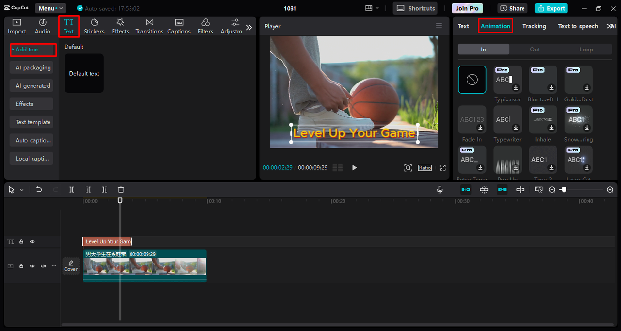 Adding the Kinetic text animation to the video in the CapCut desktop video editor 