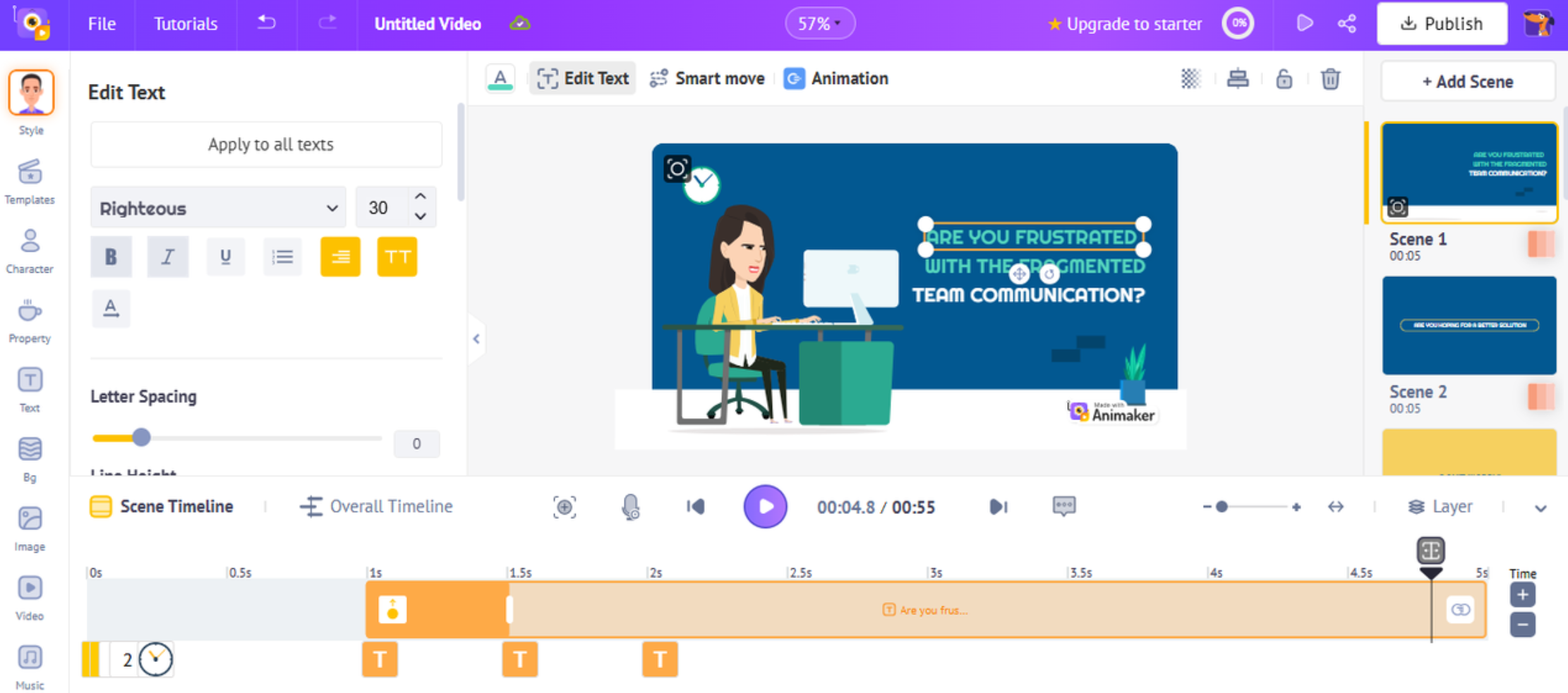 Interface of Animaker - the popular tool to create kinetic typography online for free