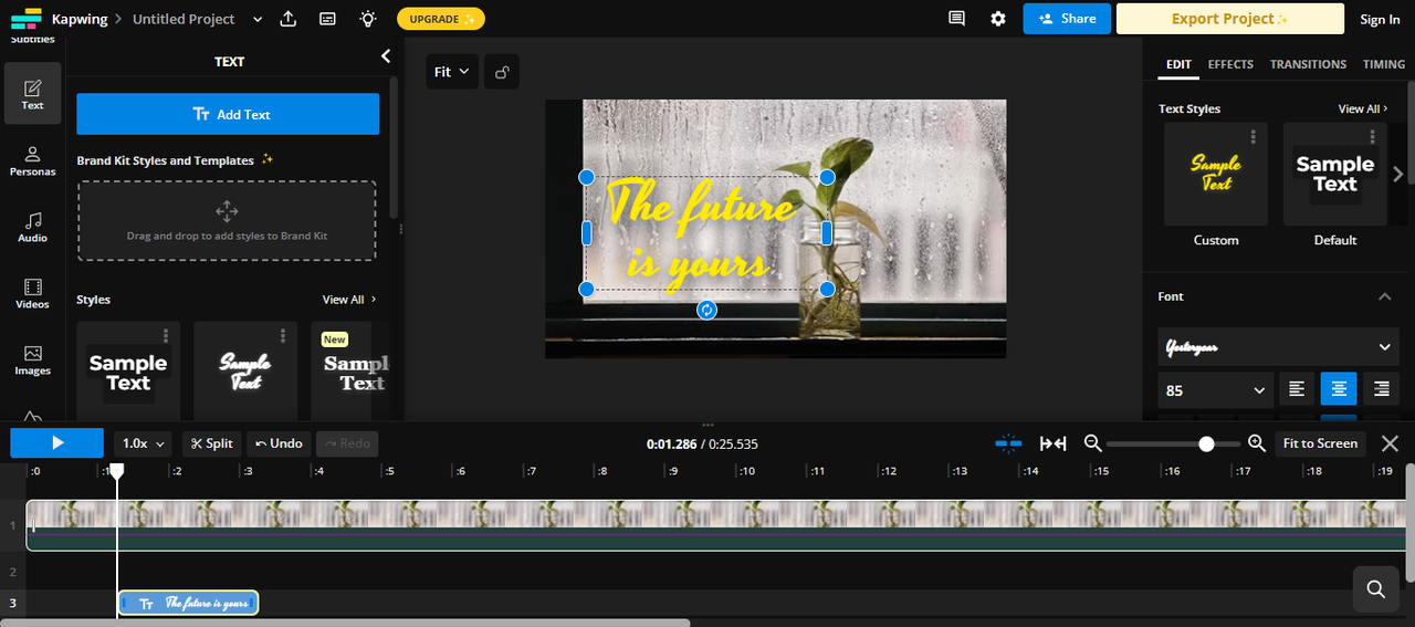 Interface of Kapwing - the free online kinetic typography video maker