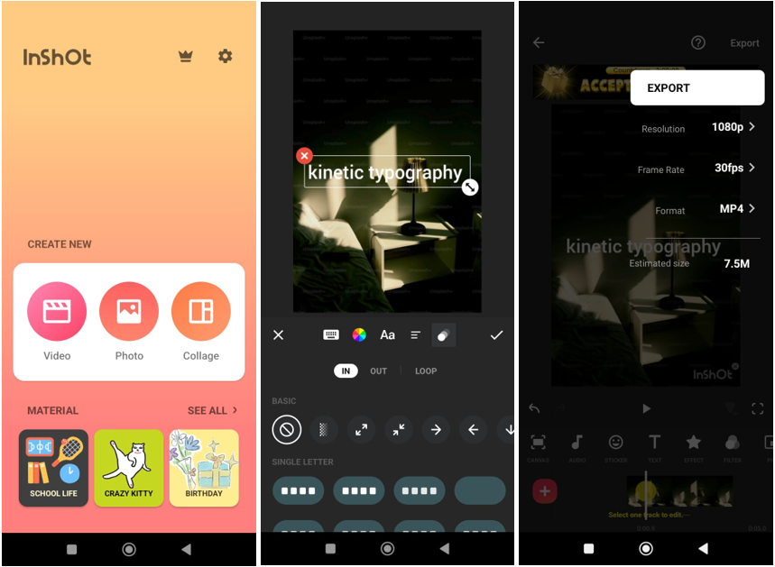 Interface of InShot - the free mobile app for kinetic typography