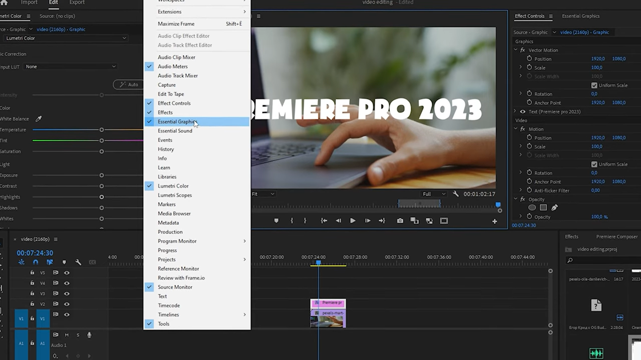 Accessing the essential graphics for Premiere Pro text animation 